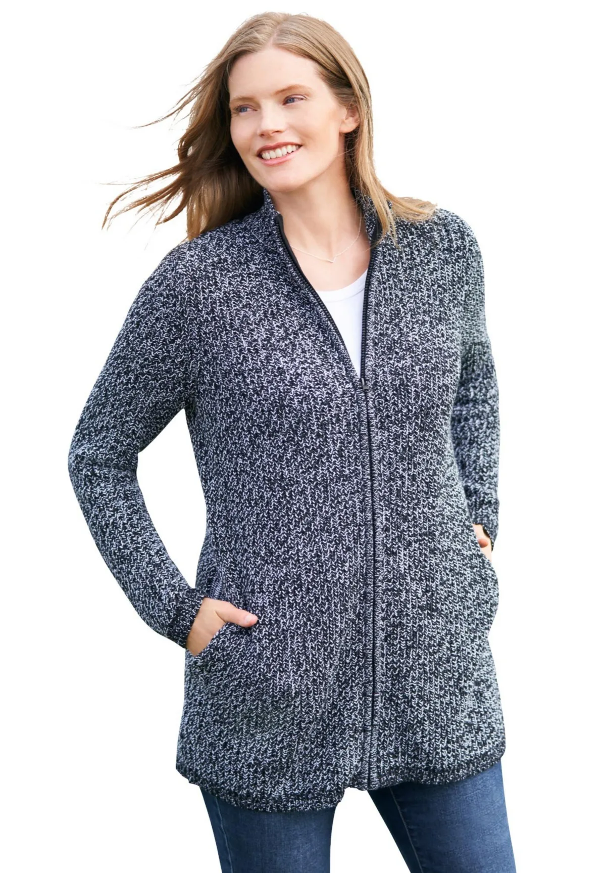 Zip Front Shaker Cardigan by Woman Within
