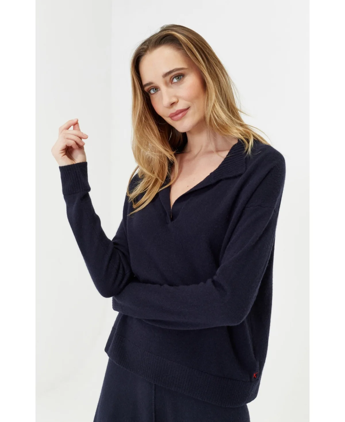 Wool Cashmere Blend V Neck Collared Sweater by Chinti & Parker