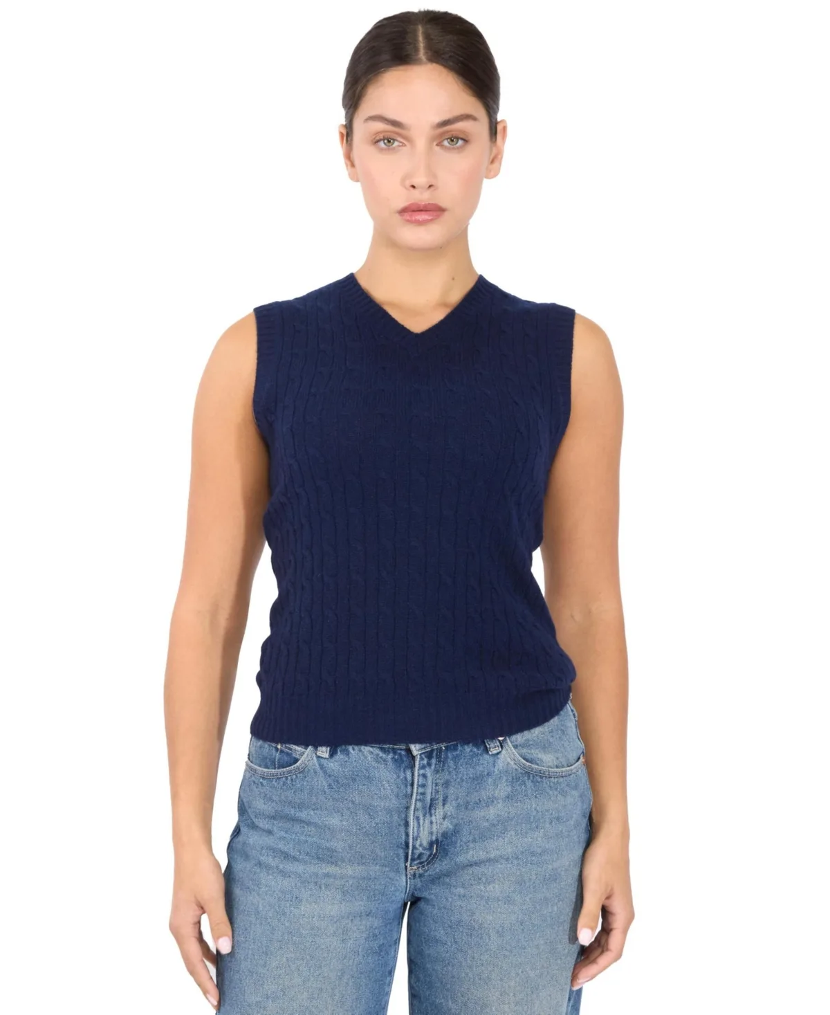 100% Cashmere V Neck Cable-Knit Sweater Vest by Jennie Liu