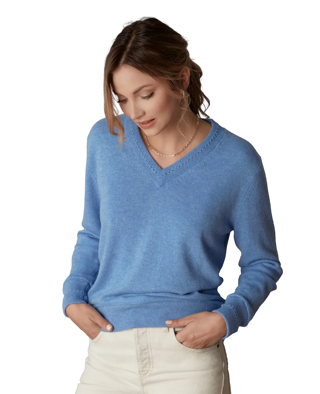 Itch-Free Cashmere V-Neck Sweater with Soft Inner Lining