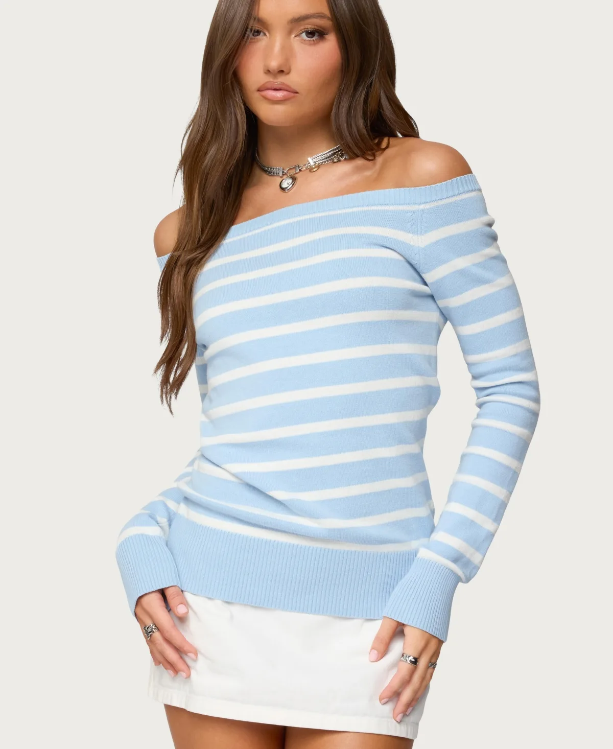 Lori Striped Off Shoulder Sweater by Edikted