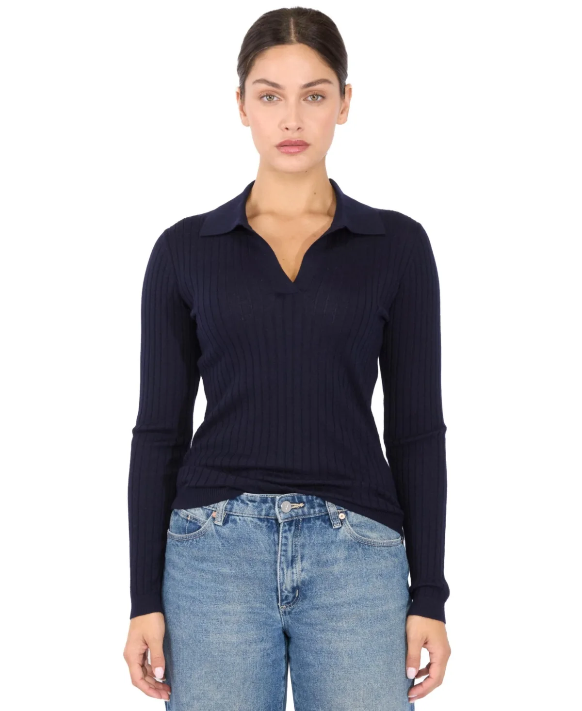 Tissue Weight Cashmere Silk Rib-Knit Johnny Collar Polo Sweater by Jennie Liu