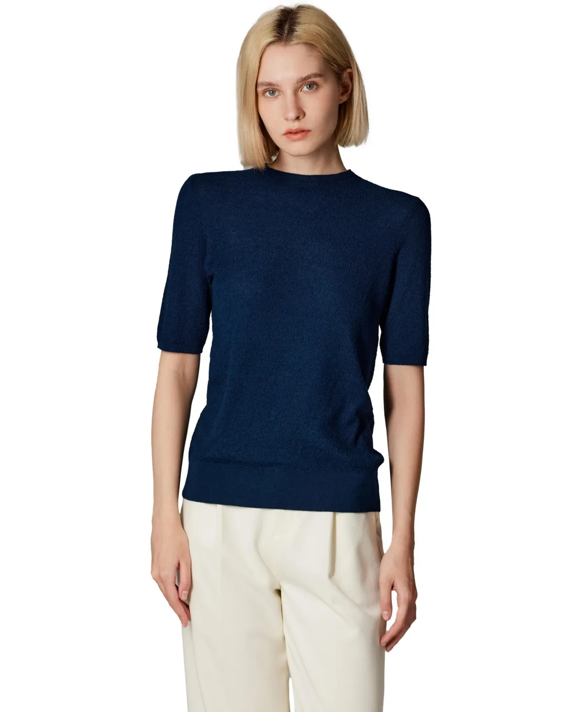 Funnel Neck Short Sleeve Sweater - 75% Merino Wool 25% Silk Ultra Soft Fine-Gauge Knit Top - Machine Washable