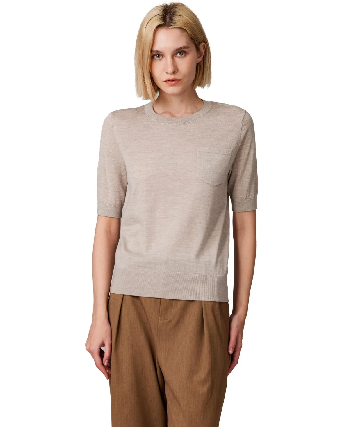 Tissue Weight 75% Merino Wool 25% Silk Crew Neck Short Sleeve T Shirt Sweater - Ultra Soft Machine-Washable Sweaters