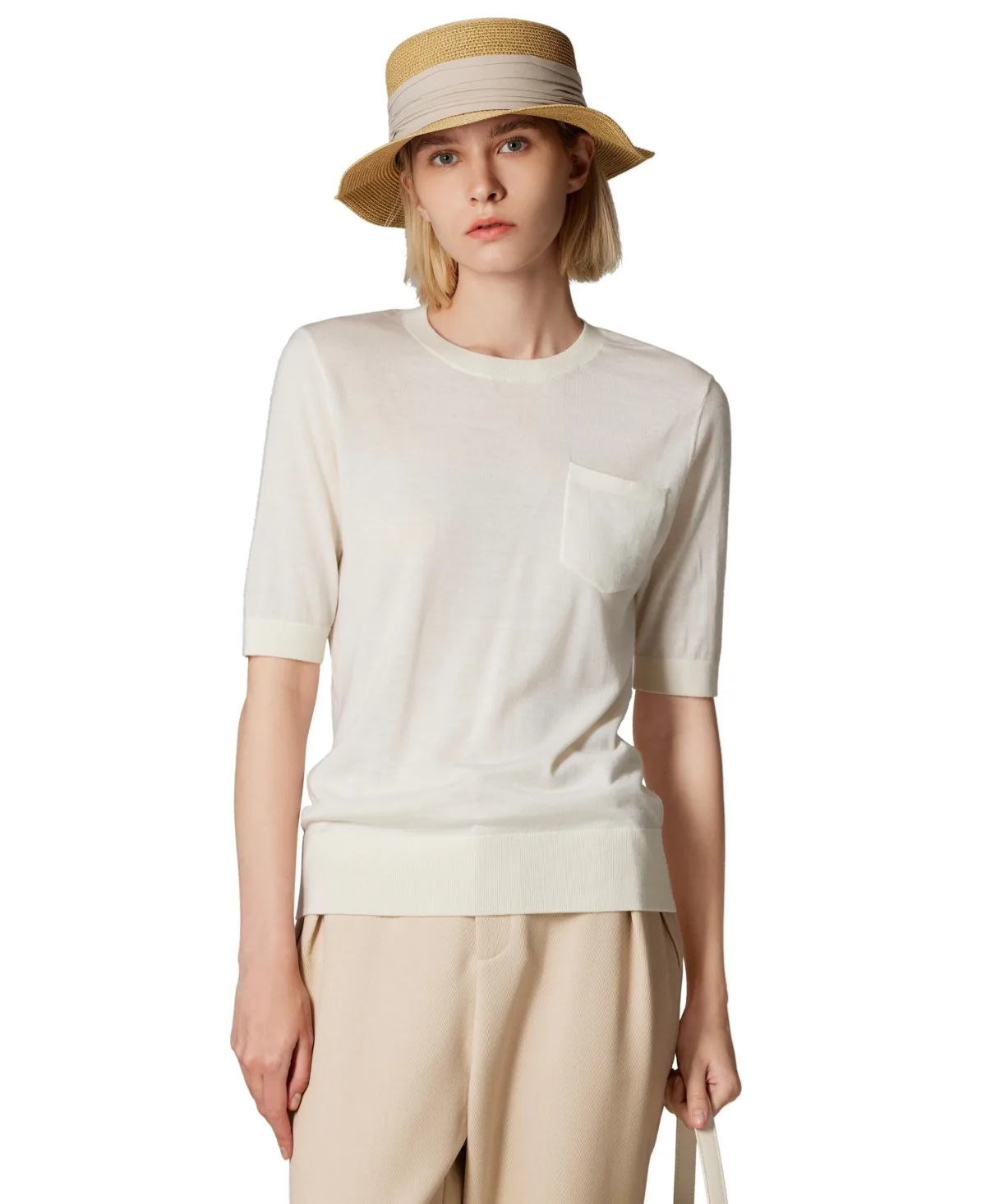 Tissue Weight 75% Merino Wool 25% Silk Crew Neck Short Sleeve T Shirt Sweater - Ultra Soft Machine-Washable Sweaters