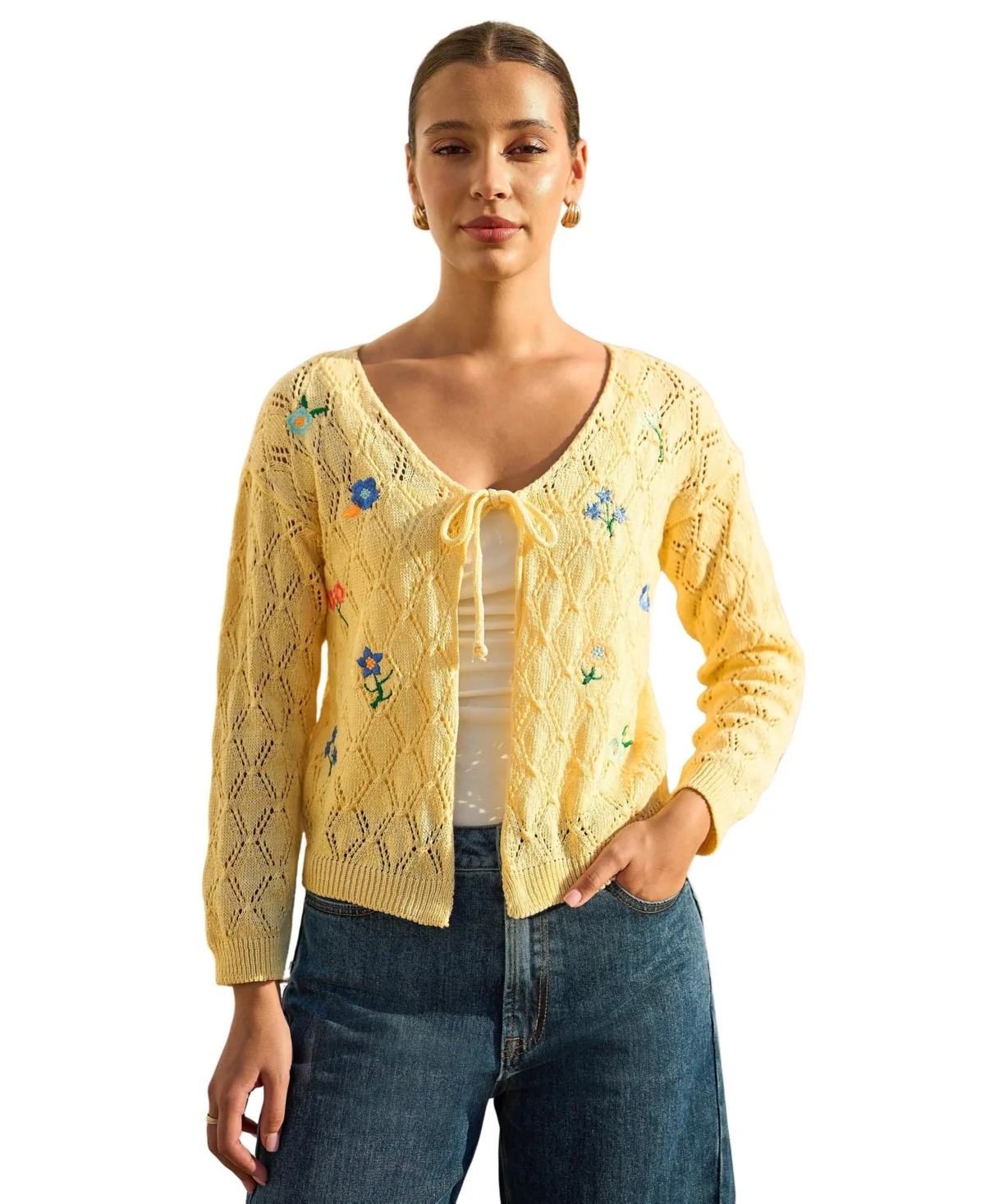 Embroidered Pointelle Cardigan by Yumi