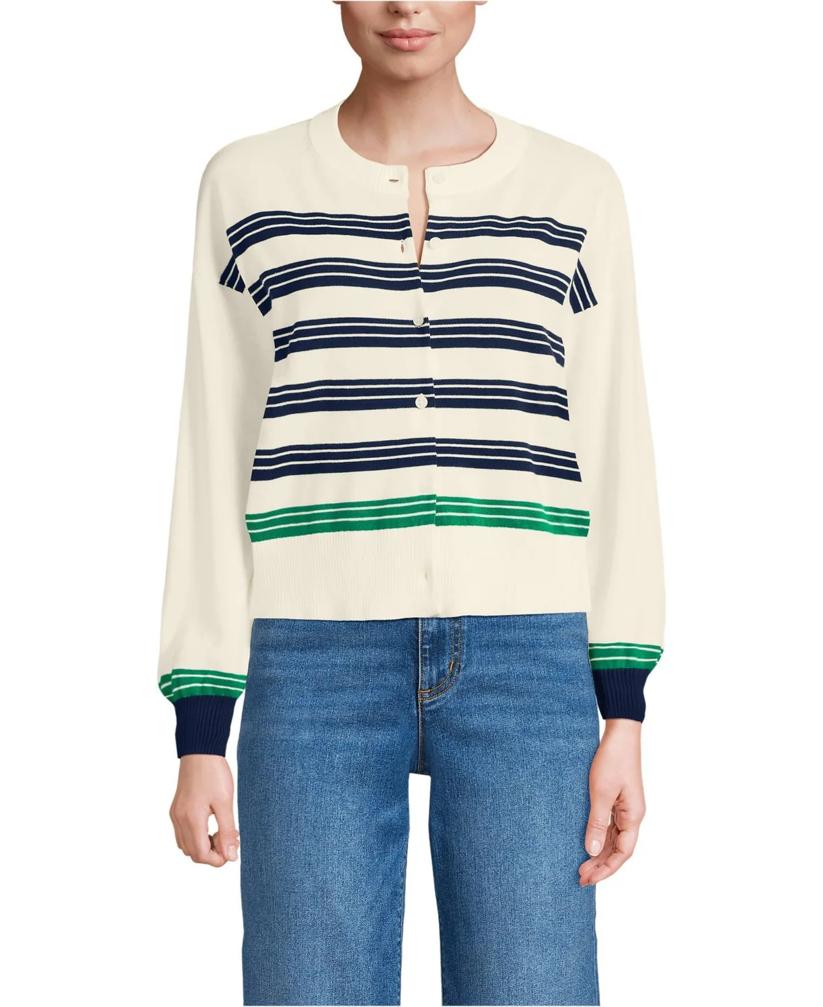 Cropped Fine Gauge Crew Neck Cardigan Sweater by Lands' End