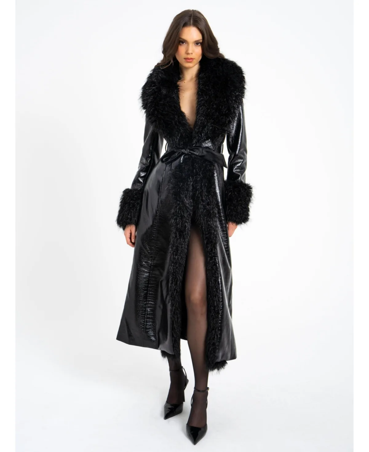 Zella Black Fur Trim Faux Croc Leather Coat by Miss Circle
