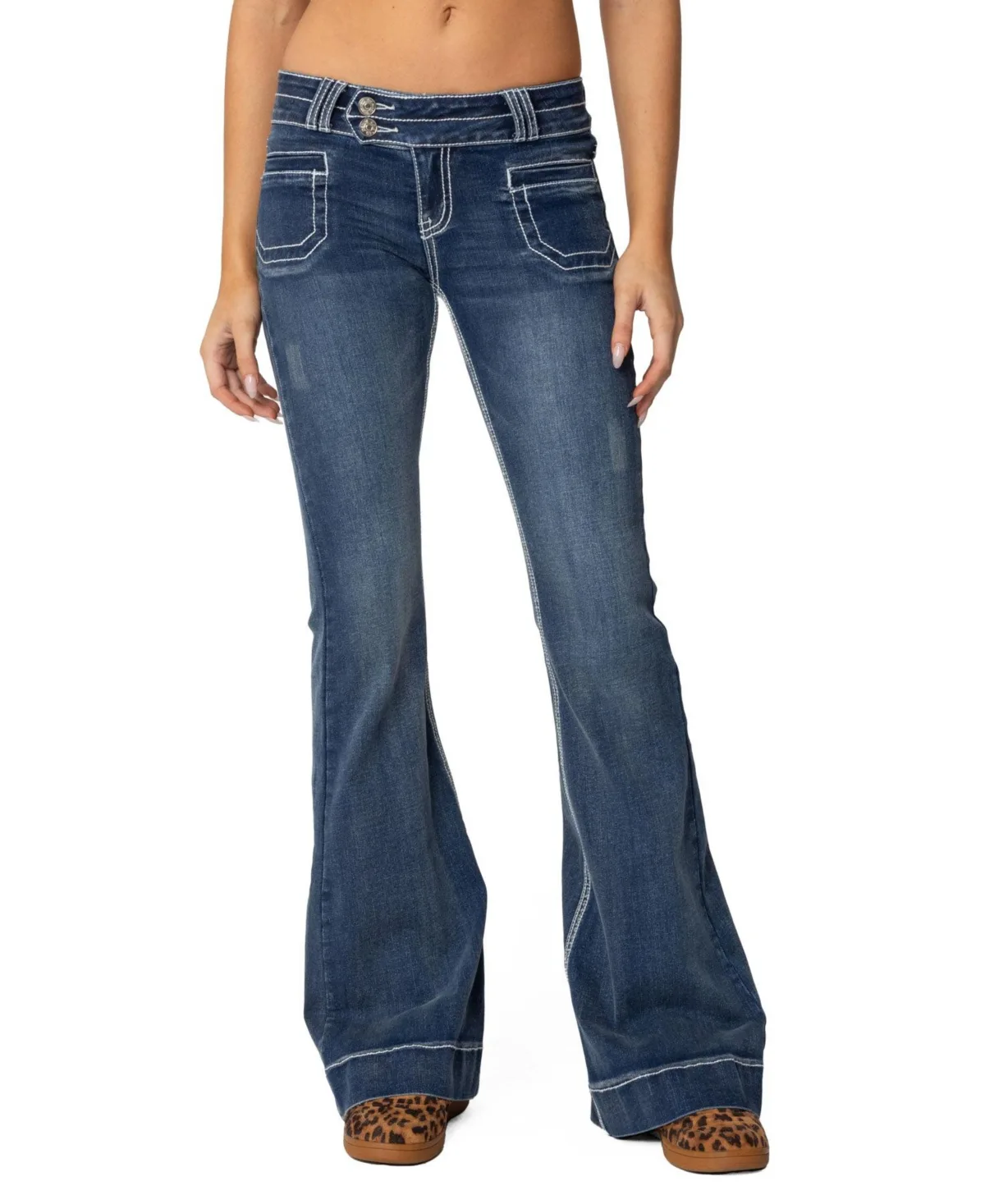 Contrast Stitch Low Rise Flared Jeans by Edikted