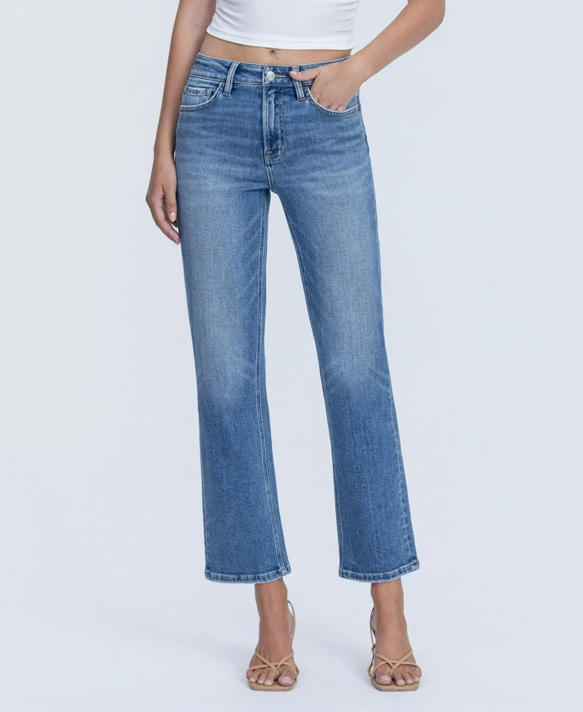 High Rise Back Distressed Hem Ankle Straight Jeans by Flying Monkey