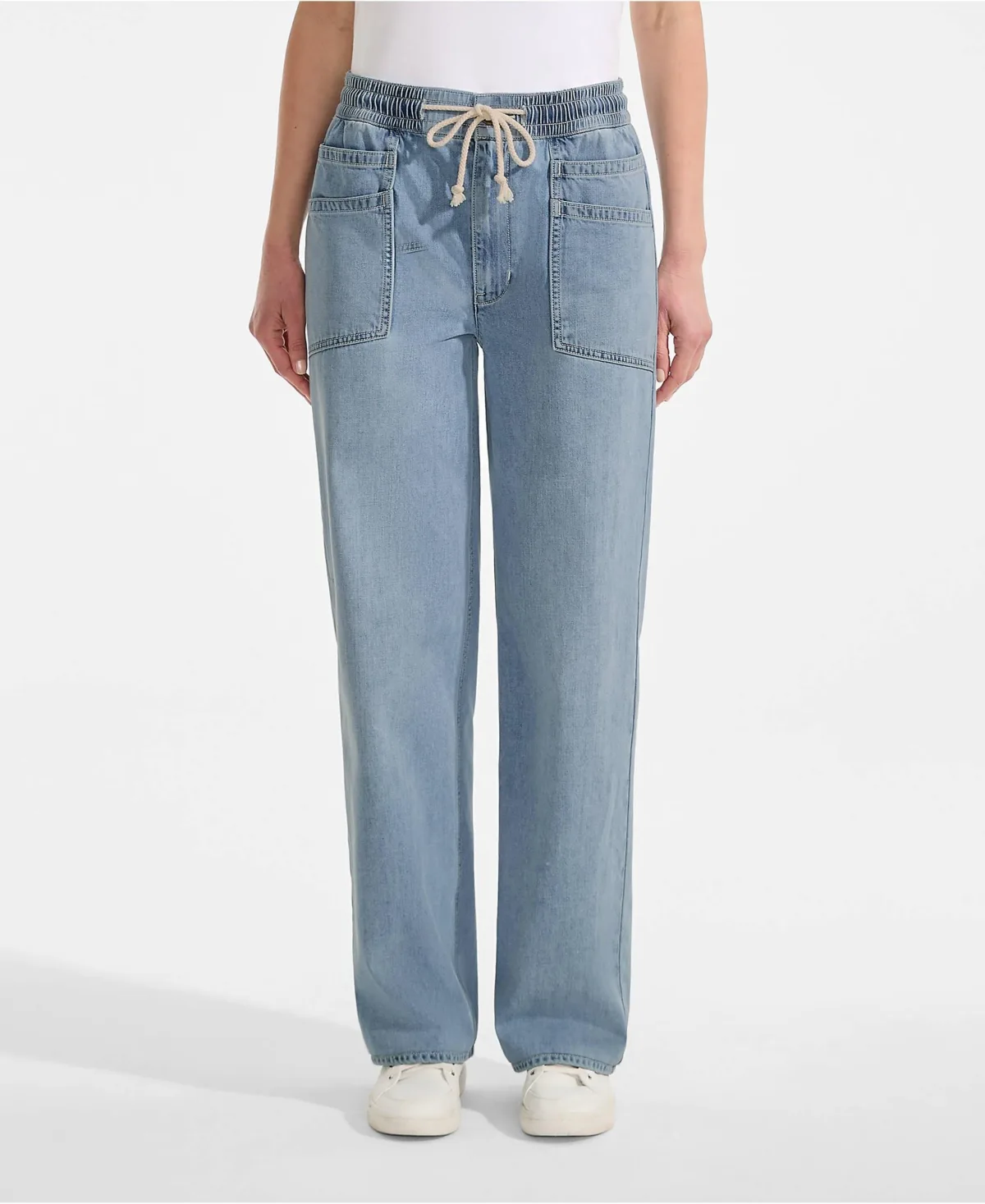 Lightweight Denim High Rise Relaxed Straight Pull on Pocket Jeans by Lands' End