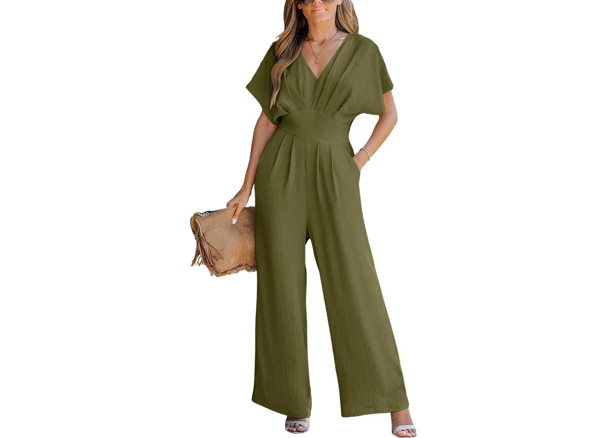 V-Neck Short Sleeve Straight Leg Jumpsuit by Cupshe