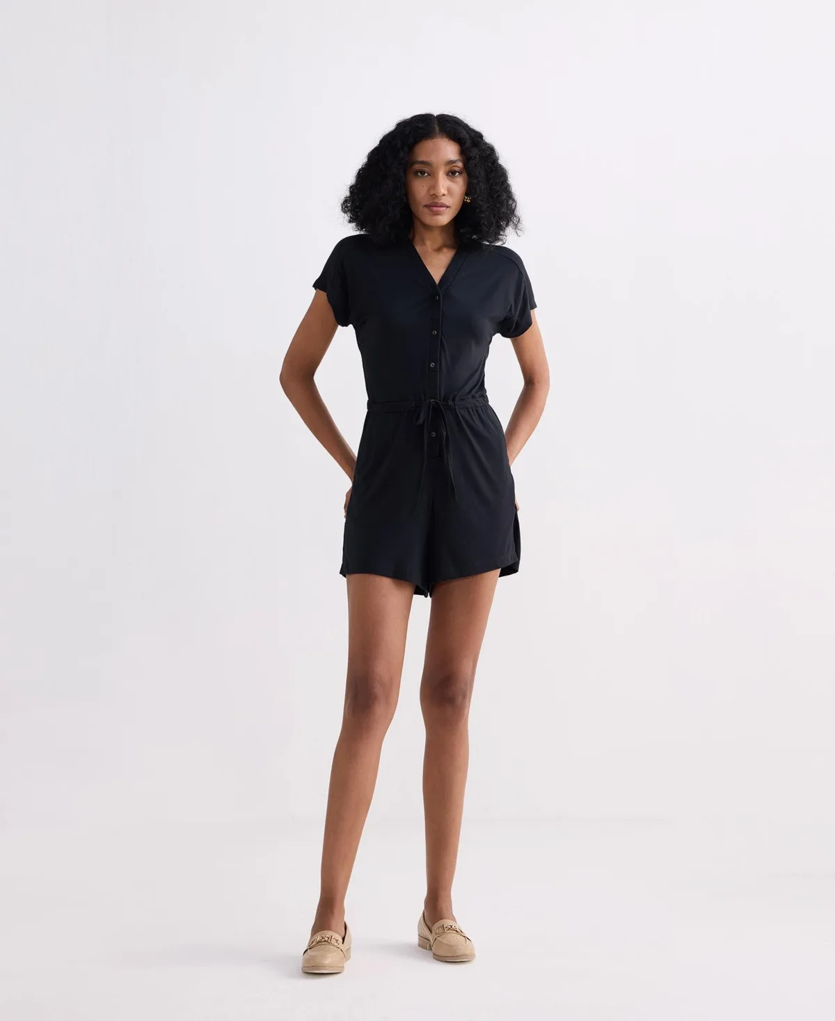V Neck Drawstring Knit Romper by Reistor