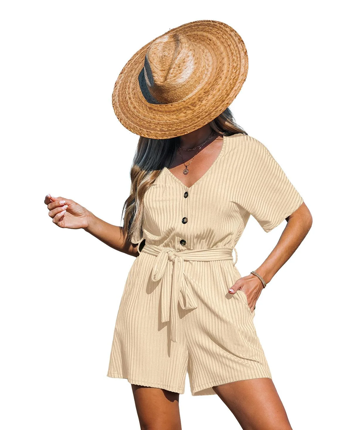 Ribbed V-Neck Tie Waist Short Sleeve Romper by Cupshe