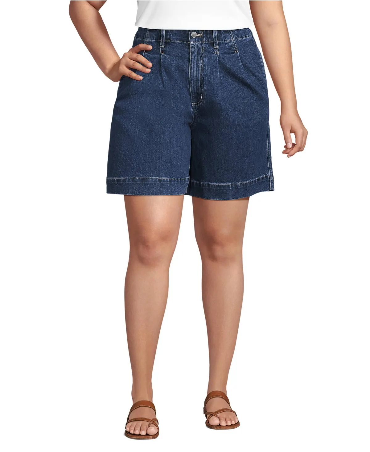Soft Denim High Rise 7" Pleated Trouser Shorts by Lands' End