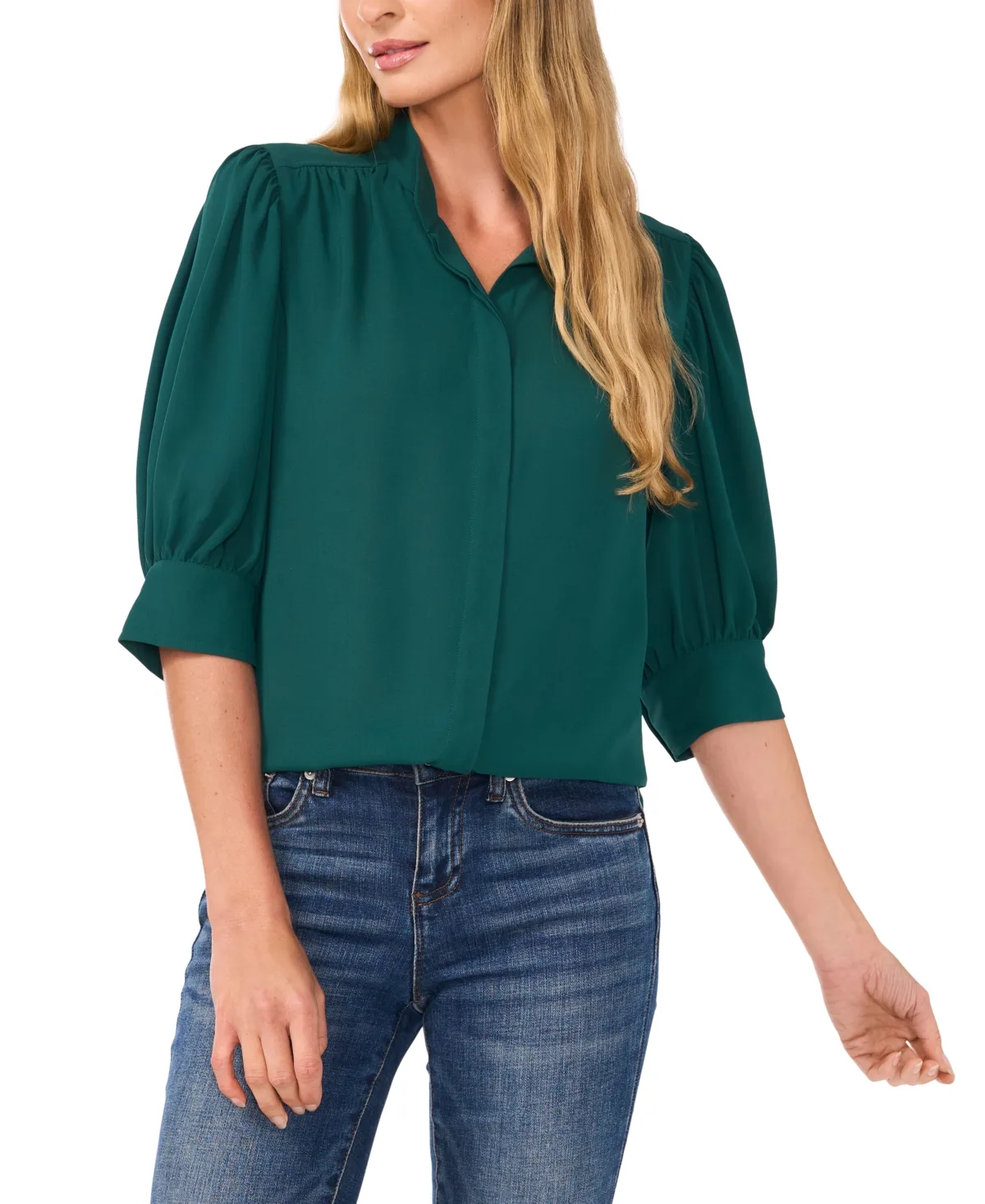 3/4-Sleeve Collared Button Down Top by Cece