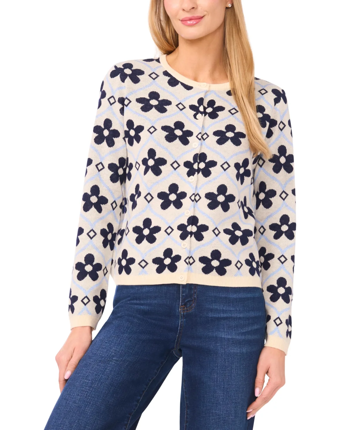 Floral Detail Long-Sleeve Crewneck Cardigan by Cece