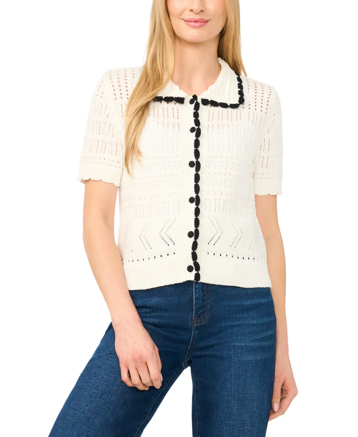Short-Sleeve Collared Cotton Cardigan by Cece