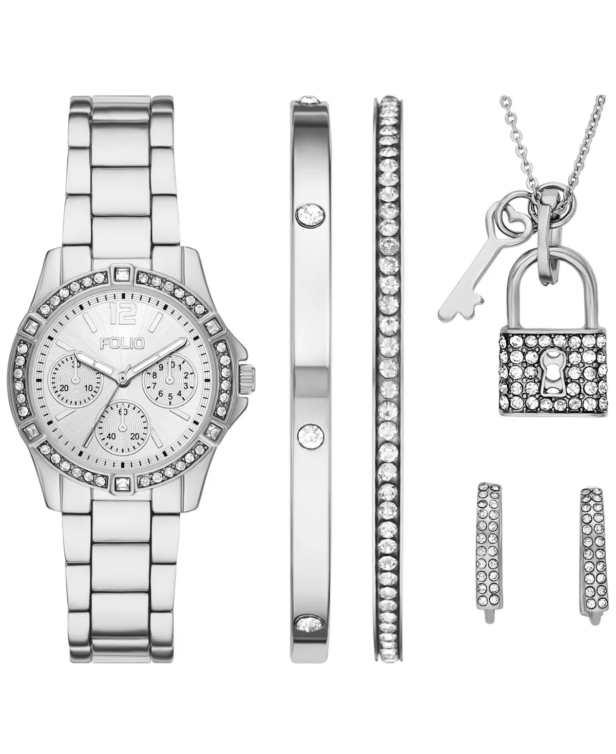 Three Hand Silver-Tone Alloy Watch 33mm Gift Set by Folio
