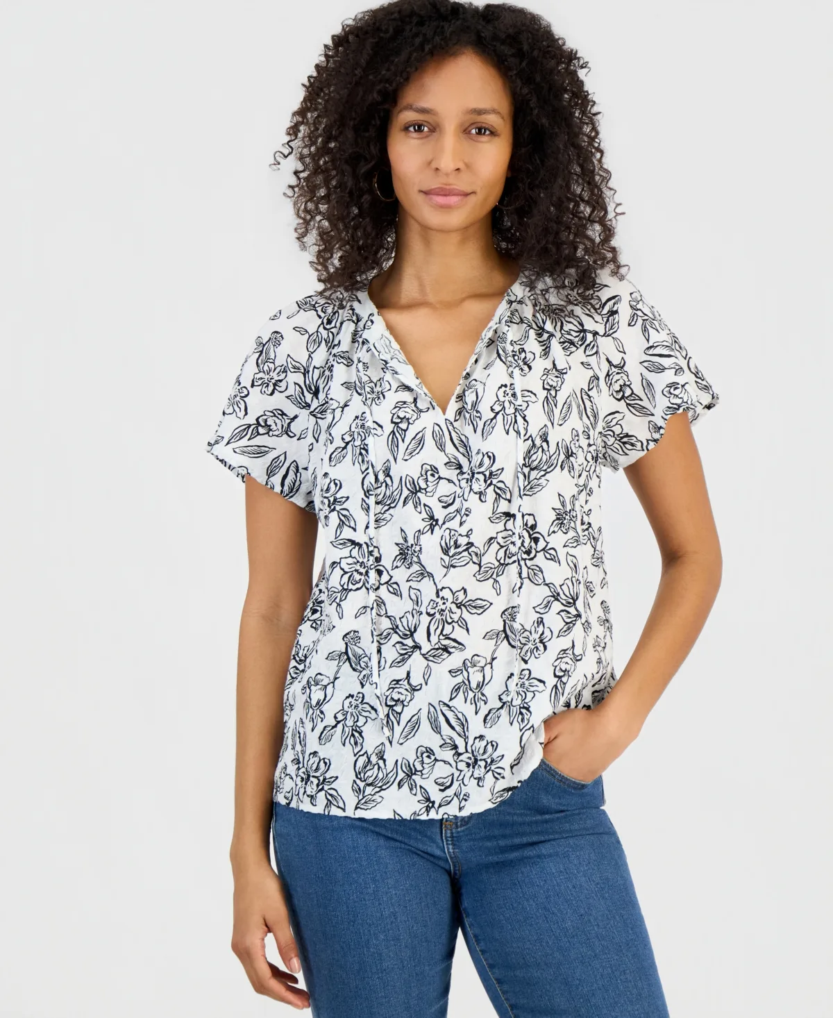 Seersucker Split-Neck Flutter Sleeve Top by Style & Co