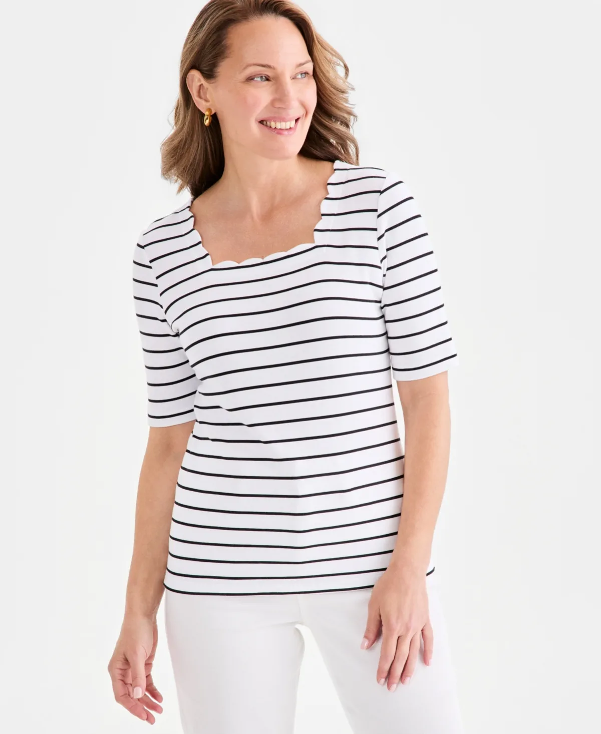 Striped Scalloped Square-Neck Top by Style & Co