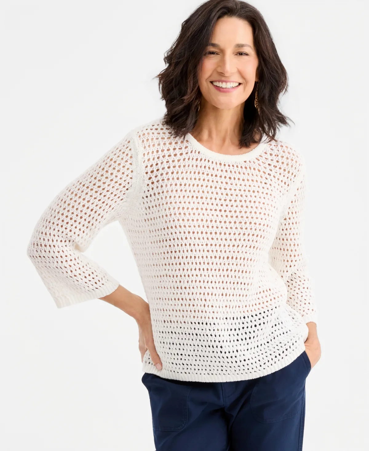 Open-Stitch 3/4-Sleeve Sweater by Style & Co