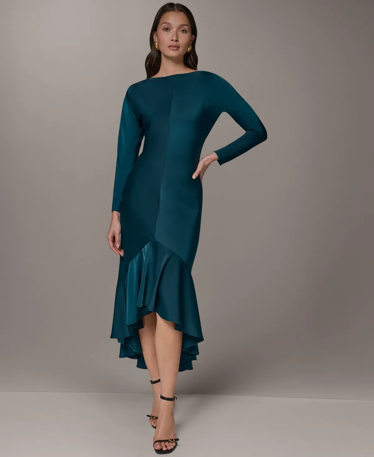 Long-Sleeve Satin High-Low Flounce Hem Dress by Donna Karan New York