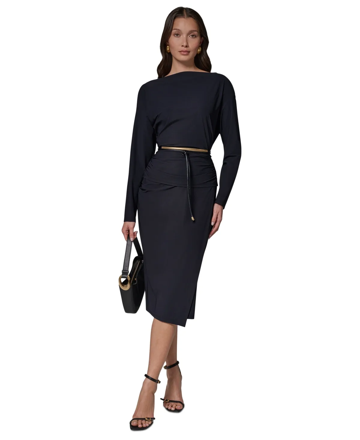 Two-Piece Long Sleeve Draped Top & Pencil Skirt Set with Belt by Donna Karan New York