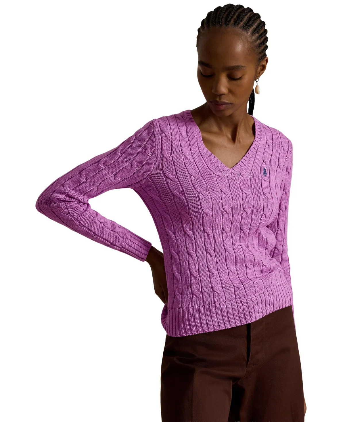 Cable-Knit Cotton V-Neck Sweater by Polo Ralph Lauren