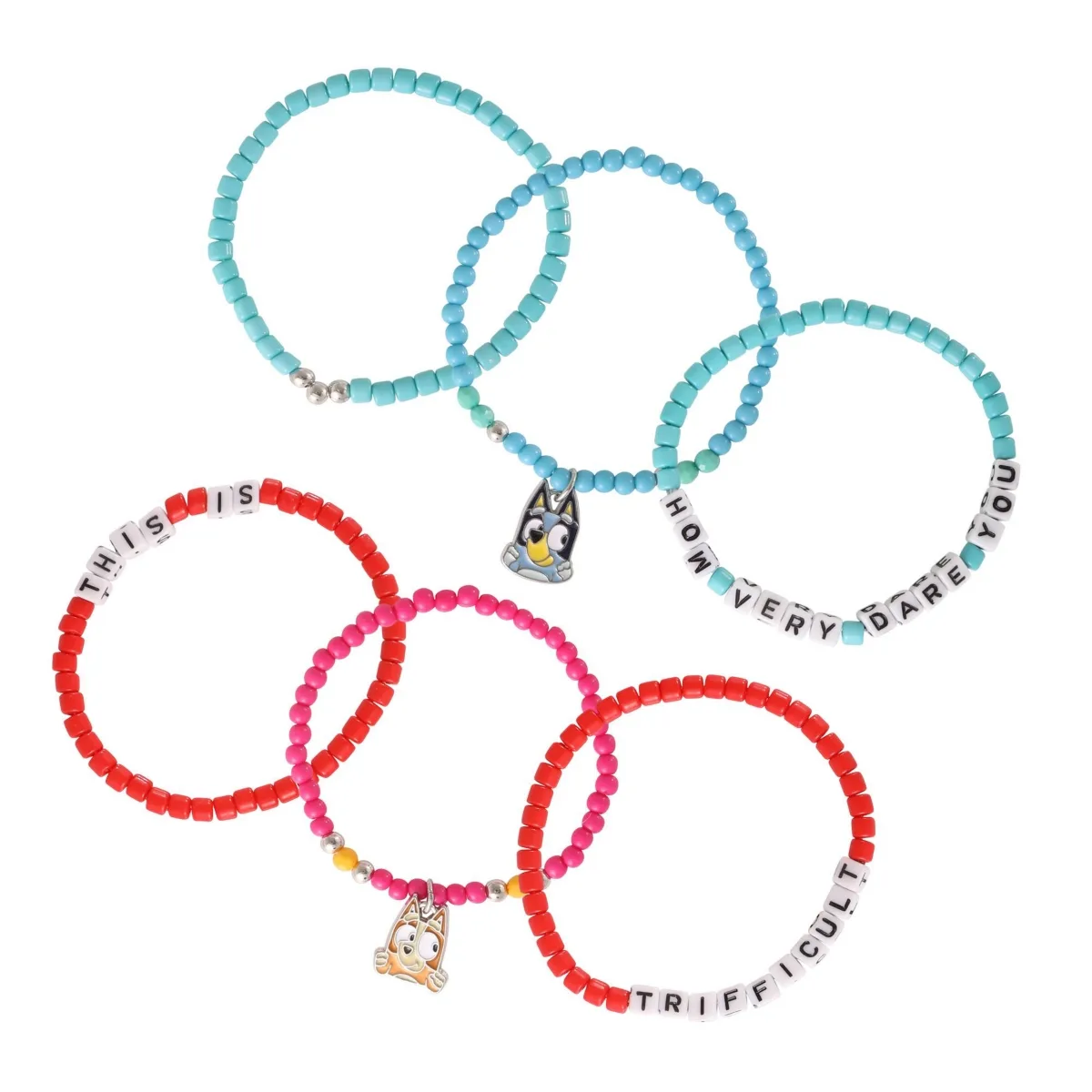 Pink & Teal Beaded Bracelet Set with Character Charms - 6 Pack by Bluey