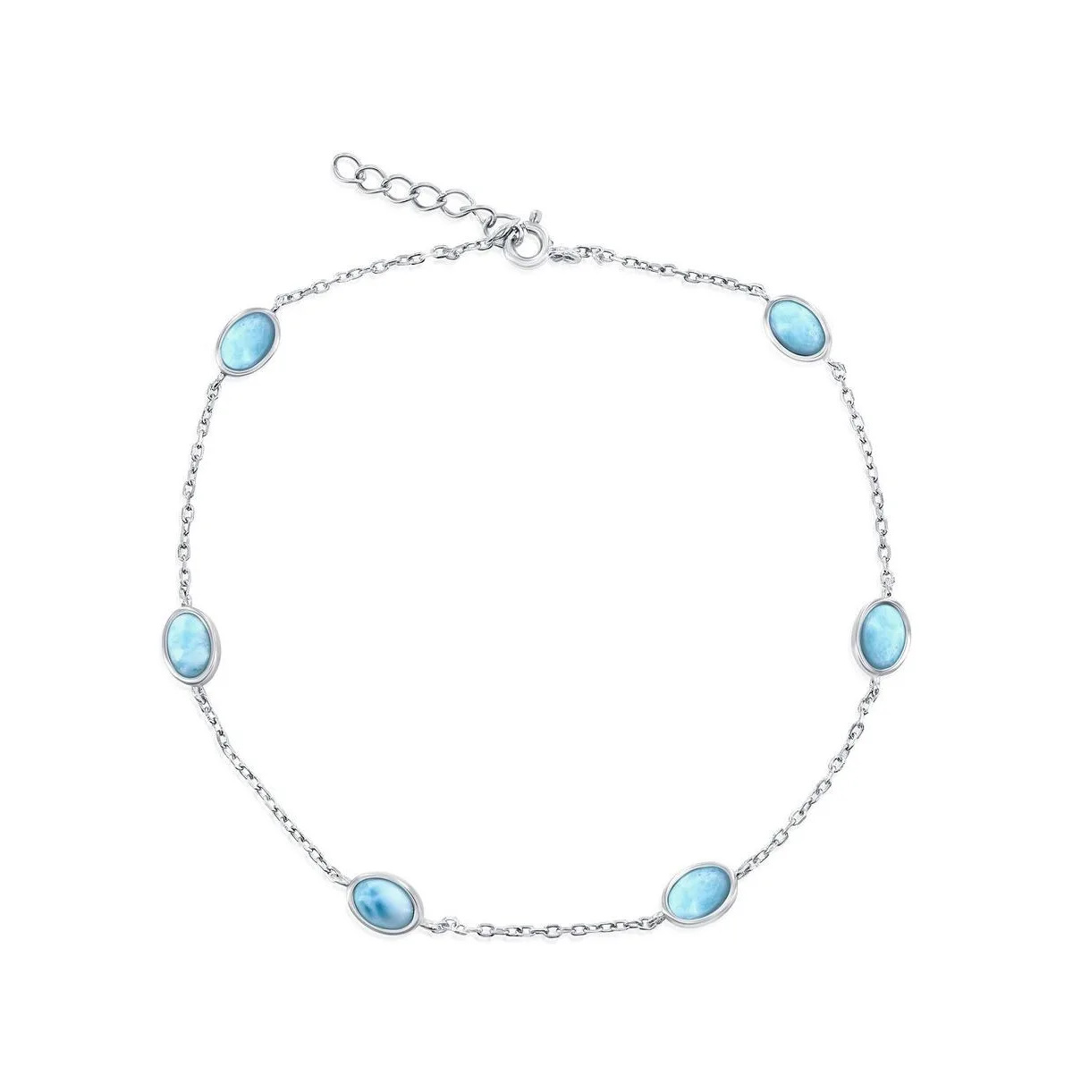 Sterling Silver, Oval Larimar Anklet by Caribbean Treasures