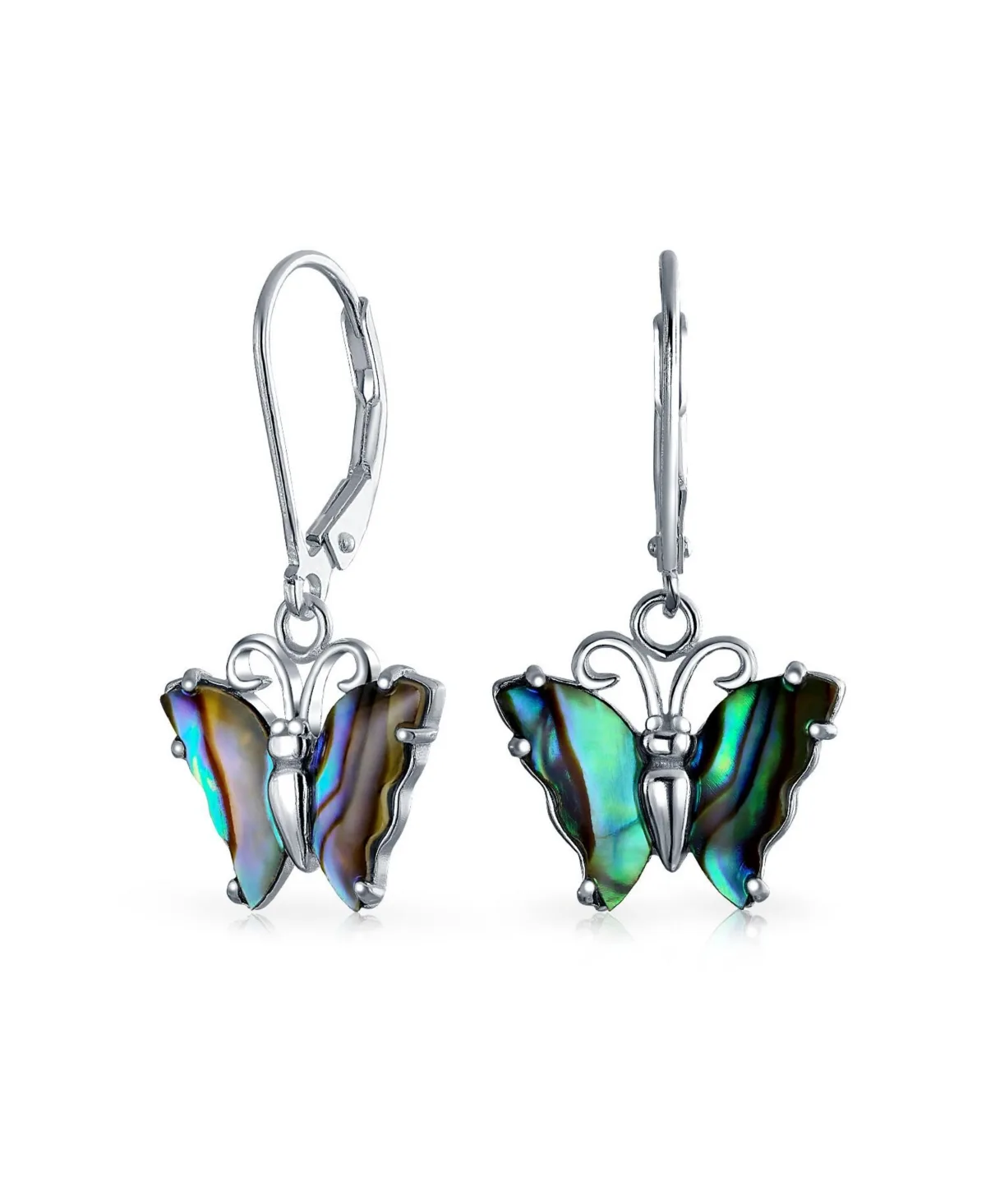 Garden Insect Carved Rainbow Iridescent Abalone Butterfly Lever Back Drop Earrings.925 Sterling Silver