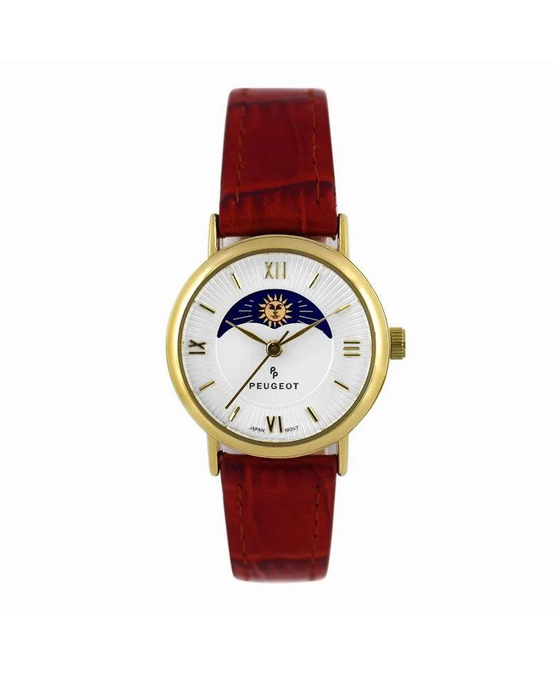 26mm Sun-Moon Phase Gold Watch with Brown Leather Strap