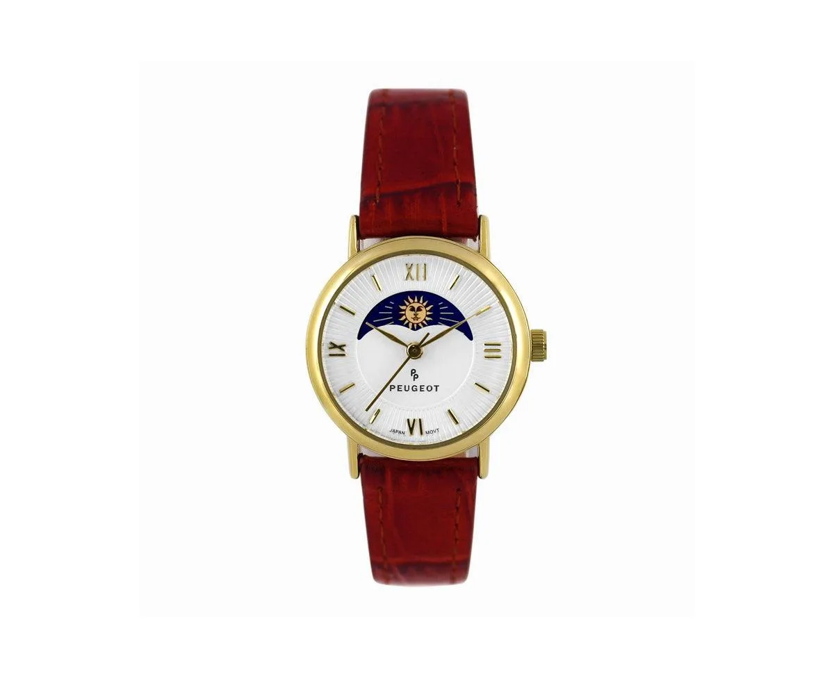 26mm Sun-Moon Phase Gold Watch with Brown Leather Strap