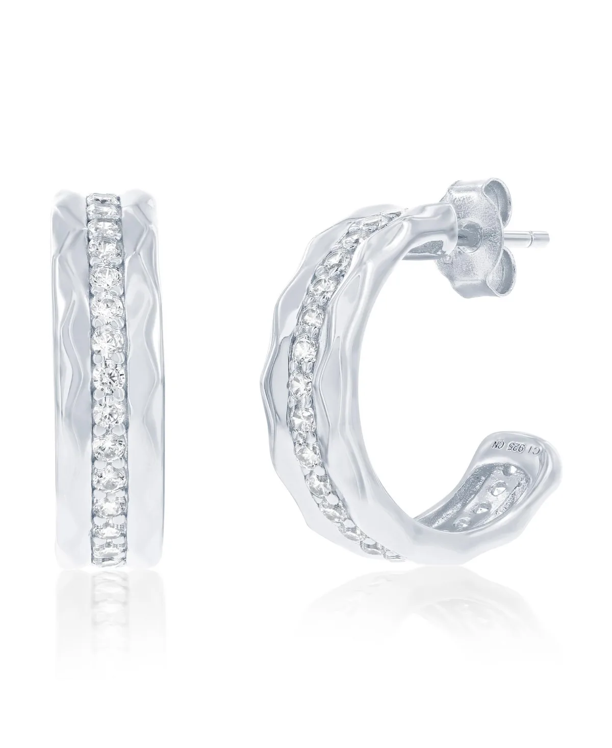 Sterling Silver Lined CZ Half Hoop Earrings