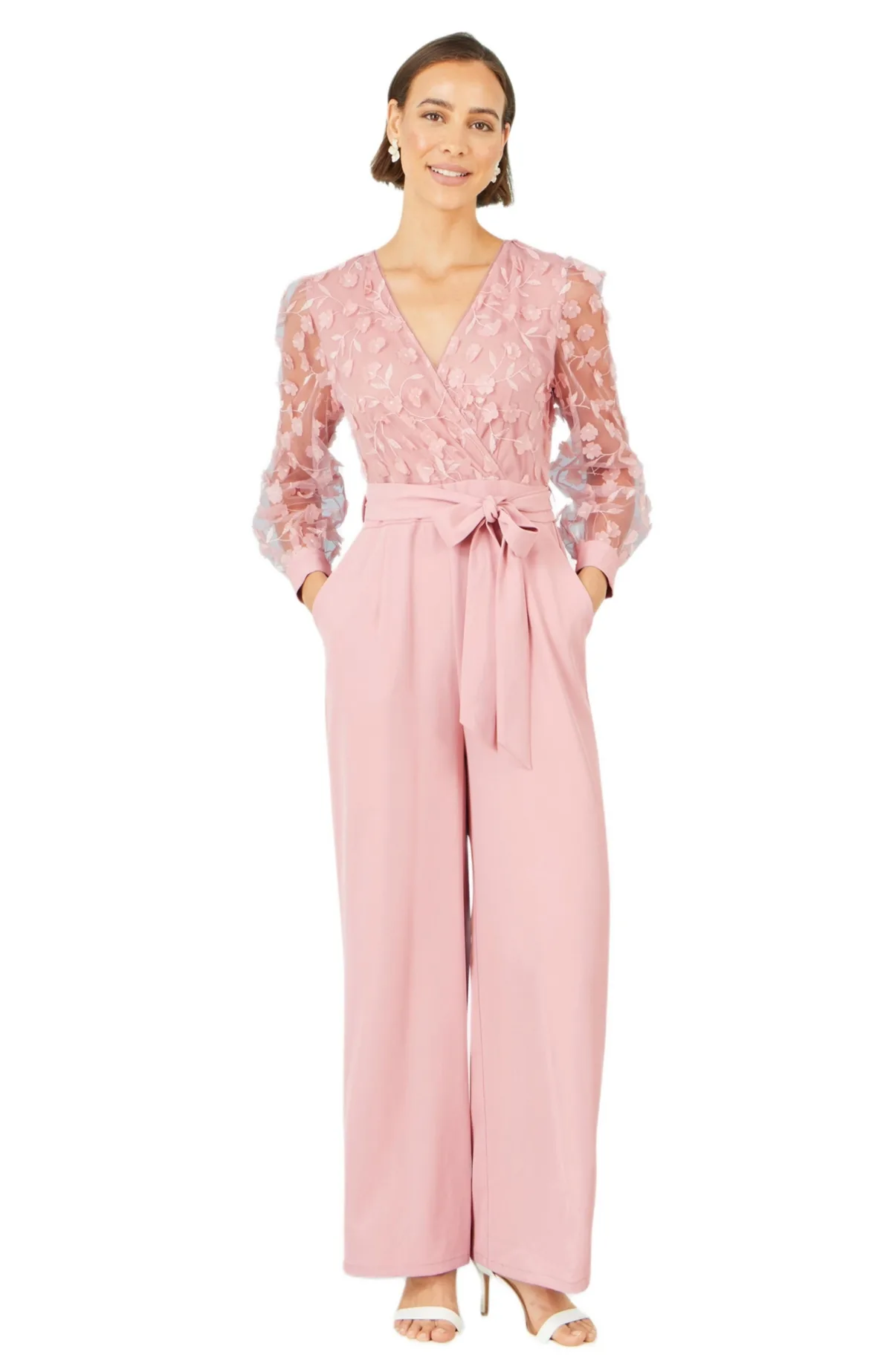 Sash Waist Floral Applique Wrap Jumpsuit
