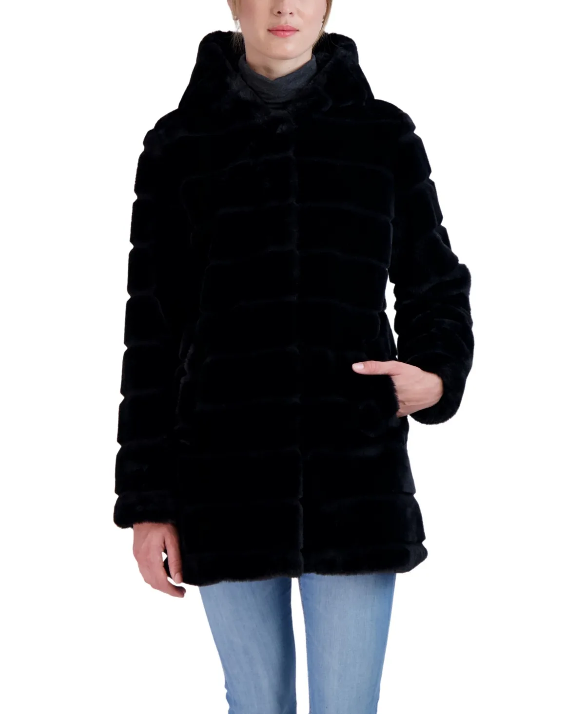 Hooded Grooved Faux Fur Coat by Sebby Collection