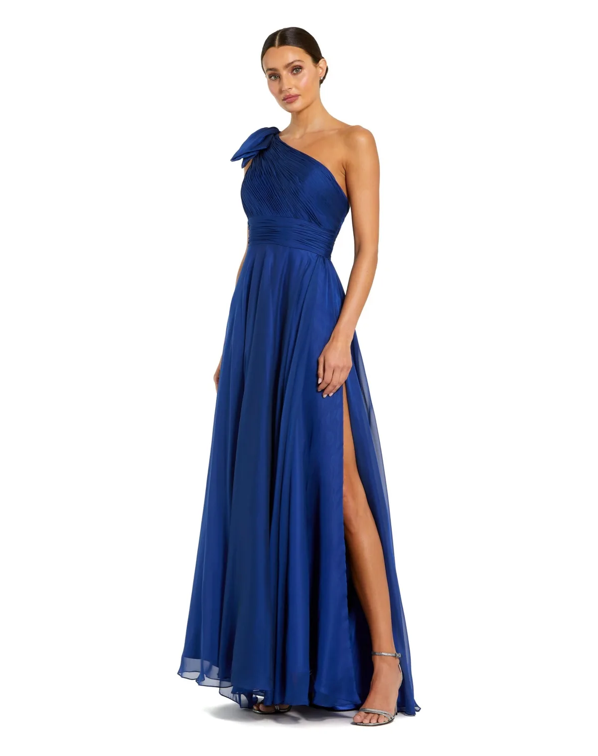 Pleated One Shoulder Chiffon Gown by Mac Duggal