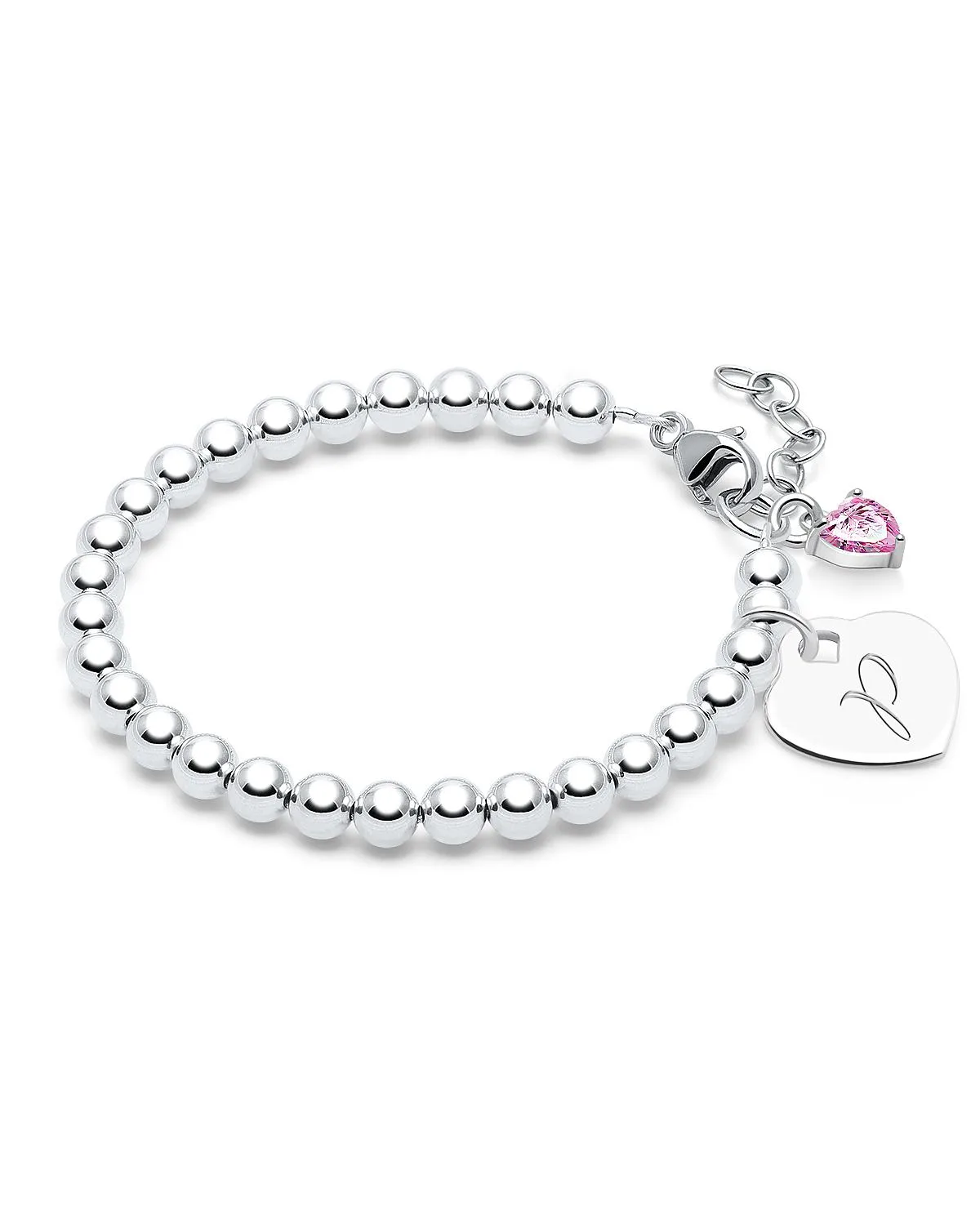 Sterling Silver 4mm Beads & Engraved Initial 6.25" Bracelet by Tiny Blessings