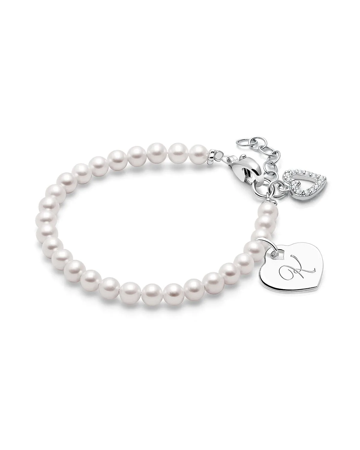 Sterling Silver Pearls Engraved Initial Bracelet by Tiny Blessings