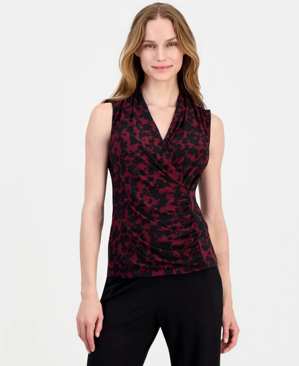 Printed Faux-Wrap Sleeveless Top