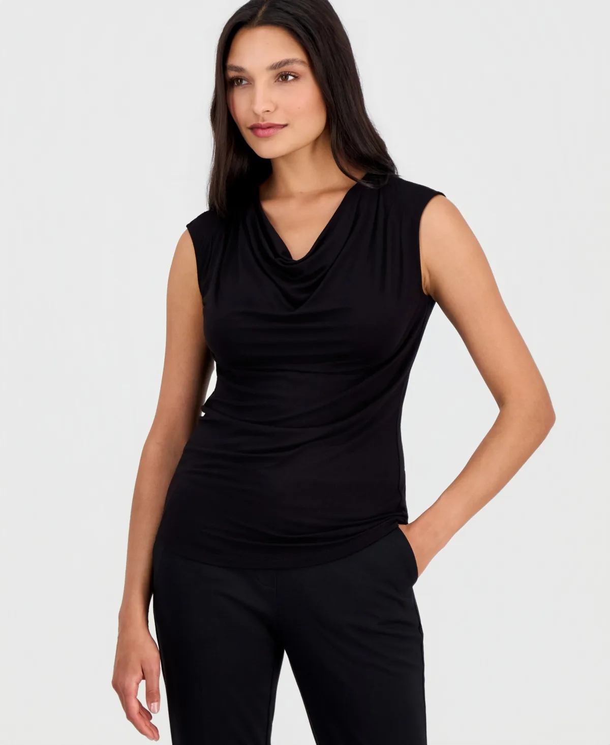Pleated Cowl-Neck Sleeveless Top