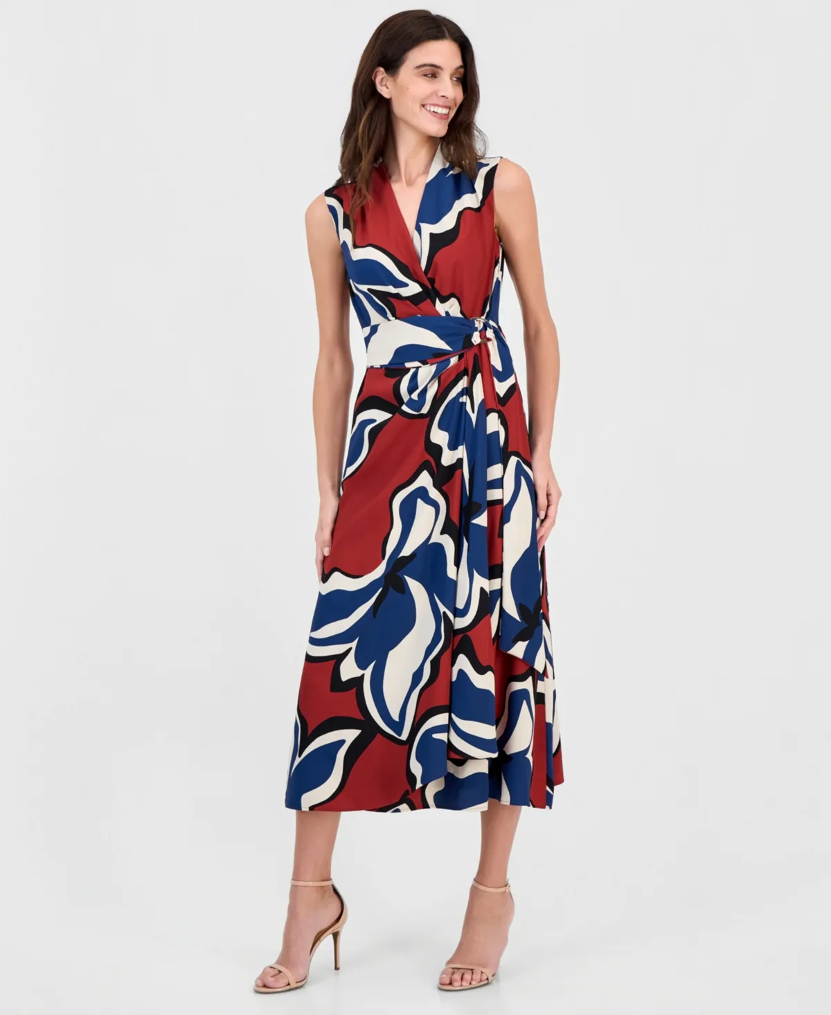 Printed Faux-Wrap Tie-Waist Midi Dress by Anne Klein