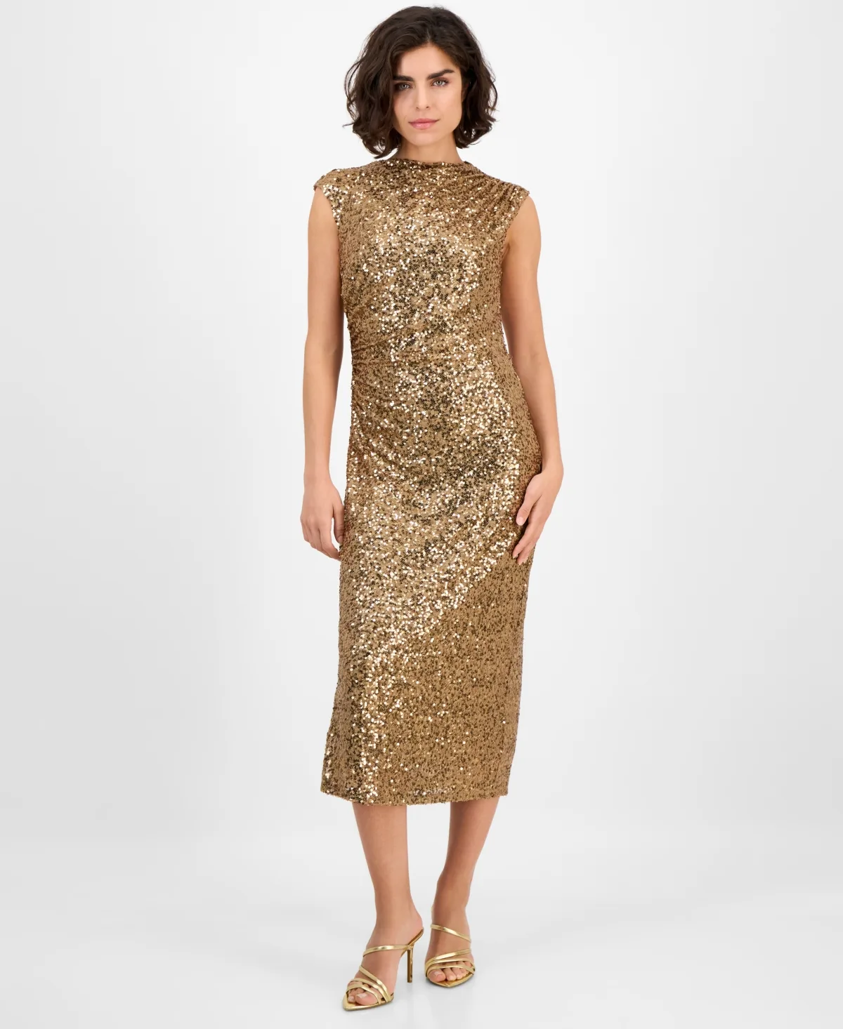 Drape-Neck Sleeveless Sequin Dress by Anne Klein