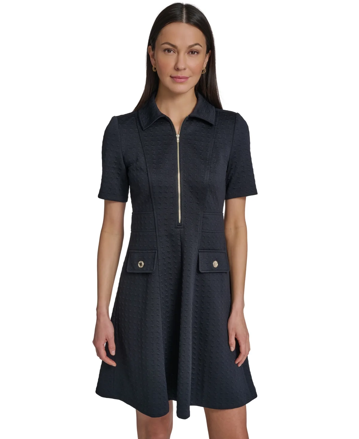 Short-Sleeve Textured Knit Front Zipper Shift Dress by Tommy Hilfiger