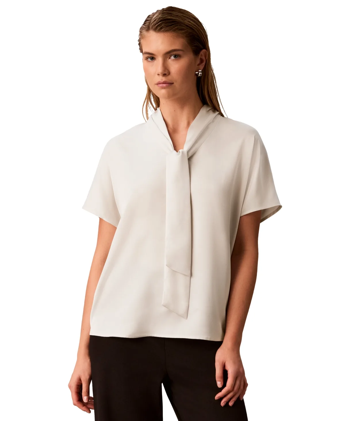 Matte Satin Tie-Neck Blouse by Calvin Klein