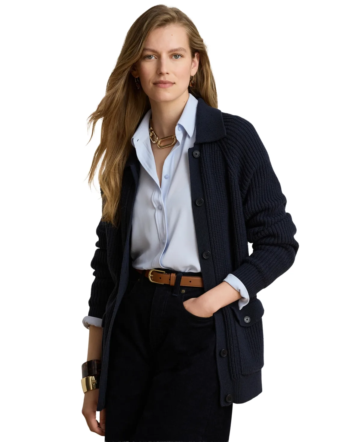Wool-Blend Rib-Knit Spread Collar Cardigan by Lauren Ralph Lauren