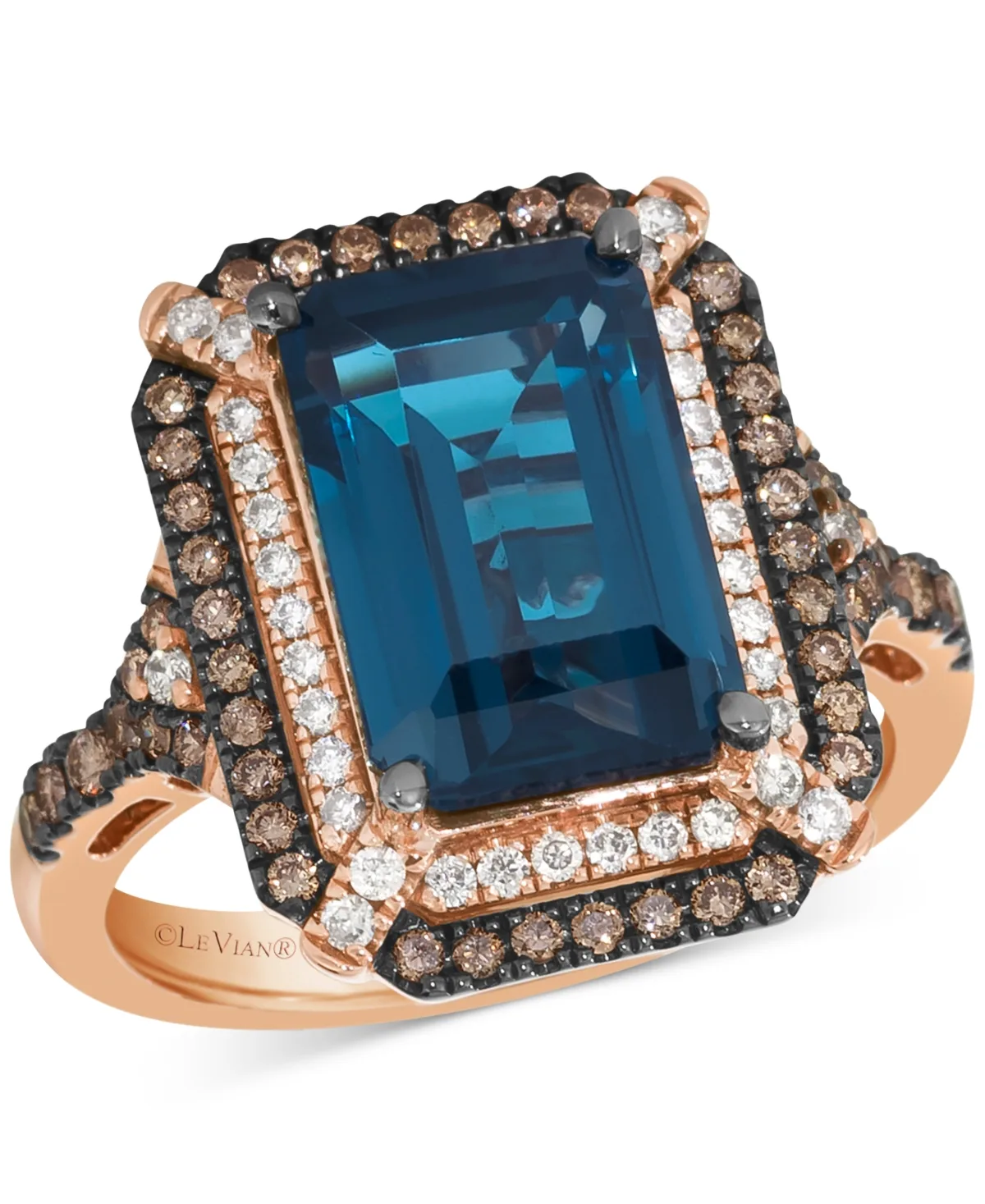Deep Sea Blue Topaz (3-7/8 ct. t.w.) & Diamond (5/8 ct. t.w.) Double Halo Ring in 14k Rose Gold by Le Vian