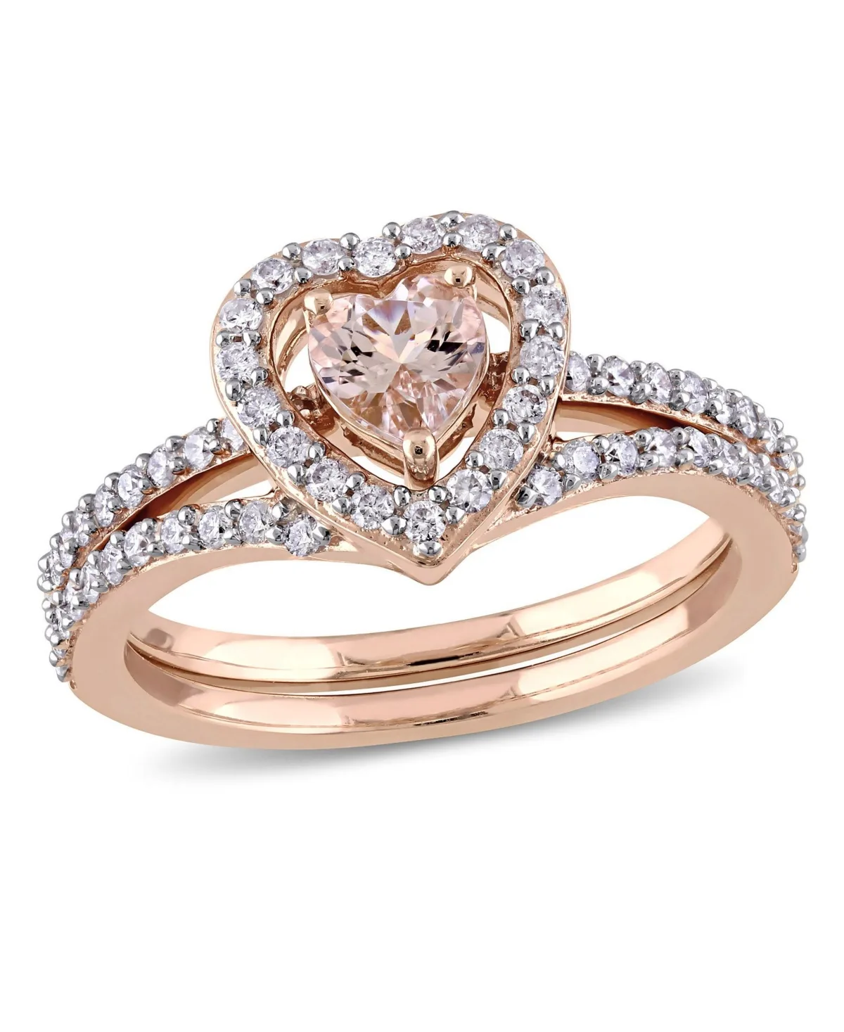 Morganite and Diamond Heart Halo Interlocking Bridal Ring Set by Macy's
