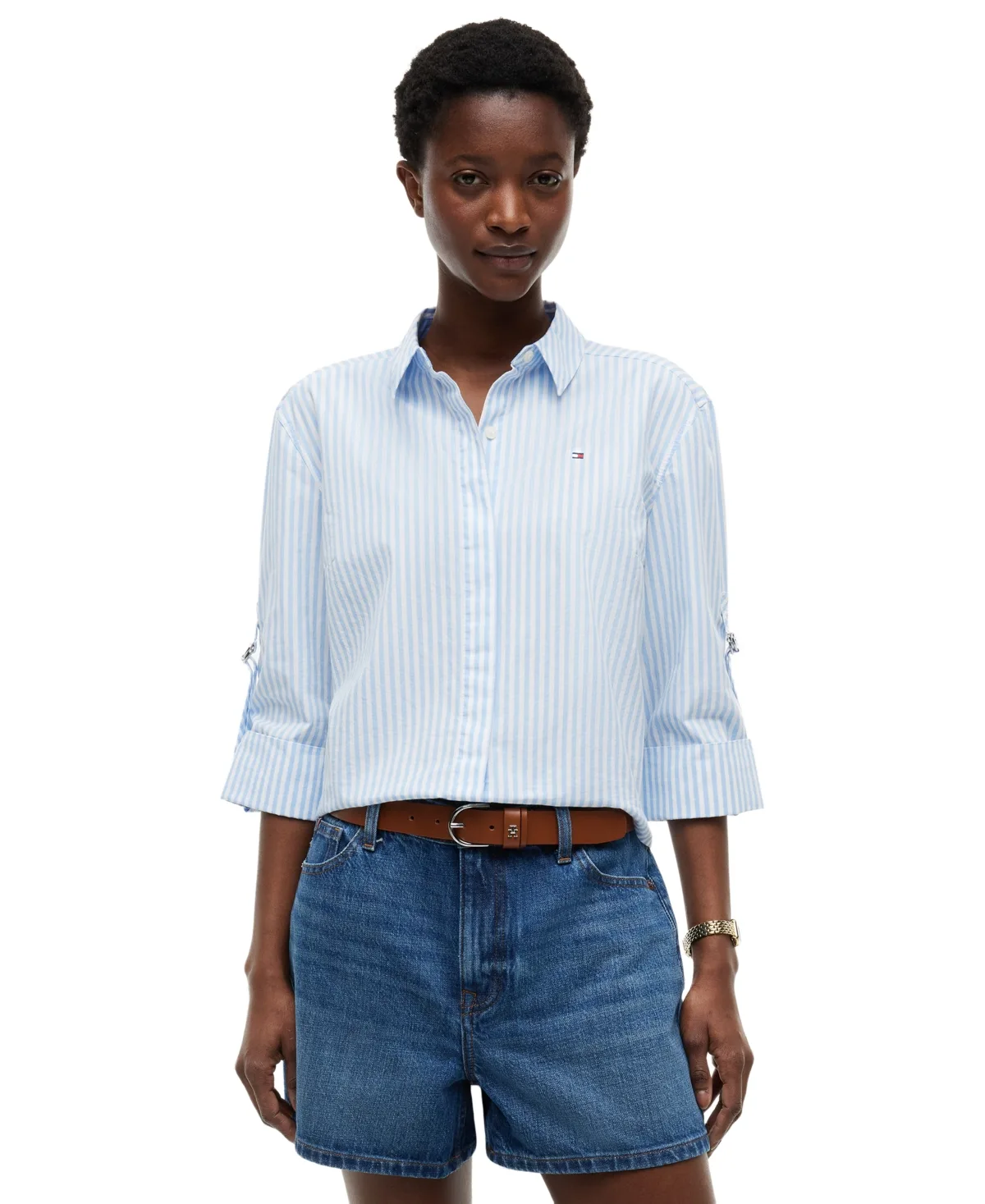 Cropped Collared Roll-Tab Cotton Shirt by Tommy Hilfiger